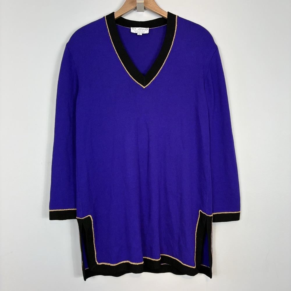 Vtg St John Collection Santana Knit Tunic Top Sweater Purple V Neck Sz L